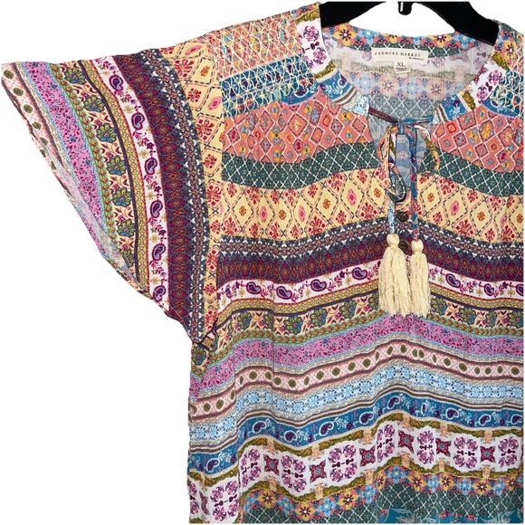 Farmers Market Boho Tunic Top XL Peasant Flowy Colorful Print Casual Keyhole - Picture 2 of 11